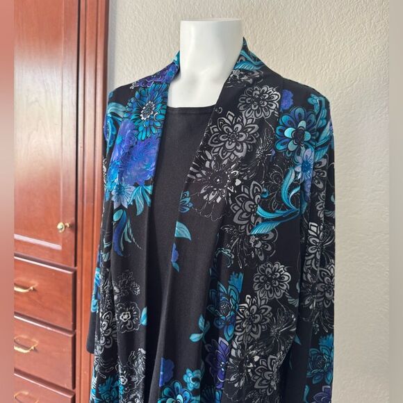 Chico's Black and Blue Floral Jacket 2 12 L Large - Picture 3 of 8